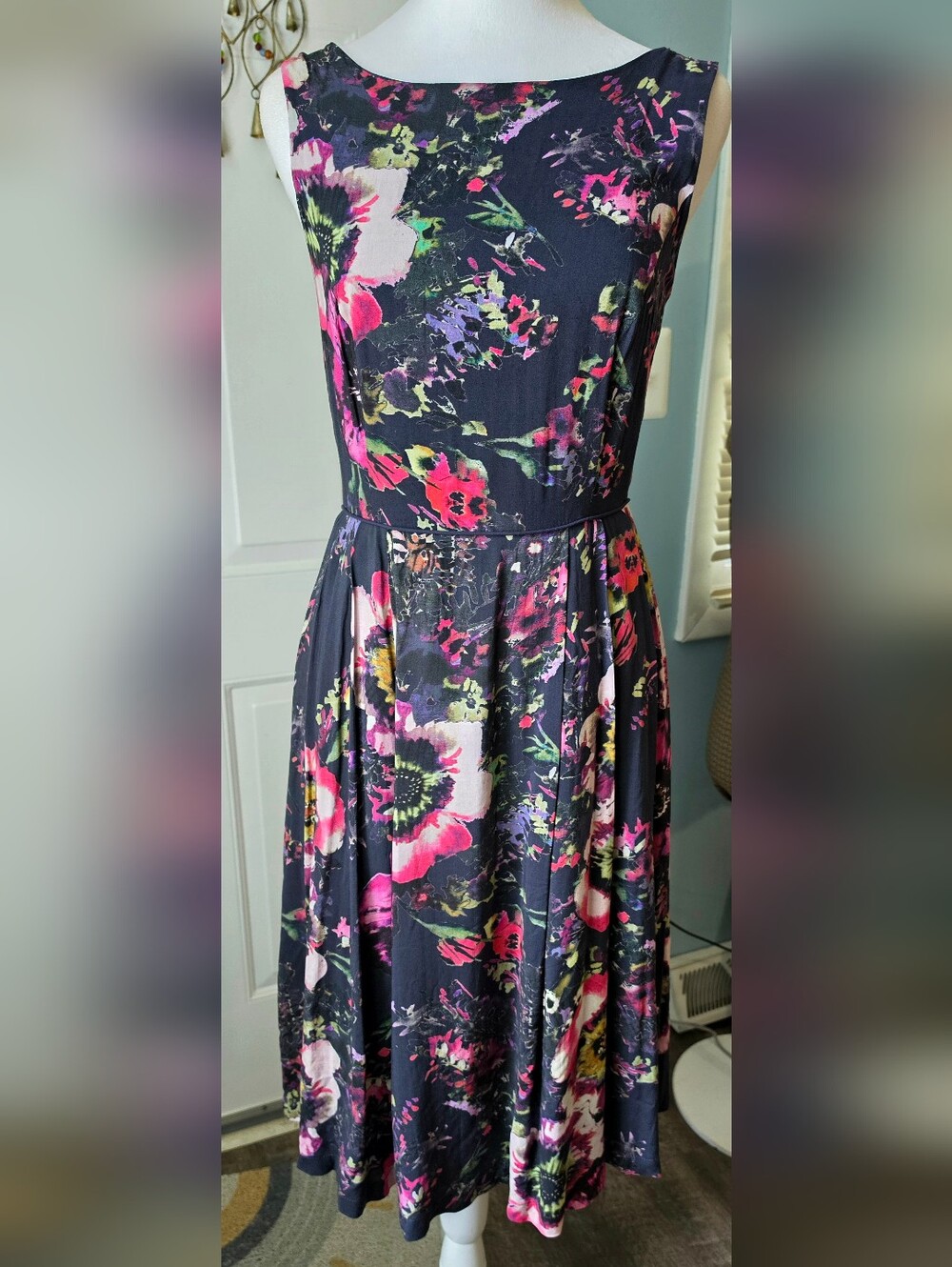 Monsoon UK Hatty Heritage Print Fit & Flare Dress Womens 4 Black & Multi Floral - Picture 2 of 14